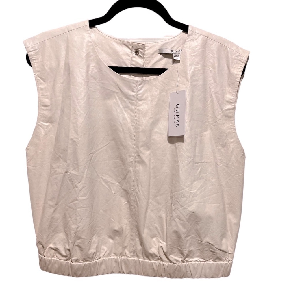 NWT Guess Vegan Leather Sleeveless Boxy Crop White Top Sz M